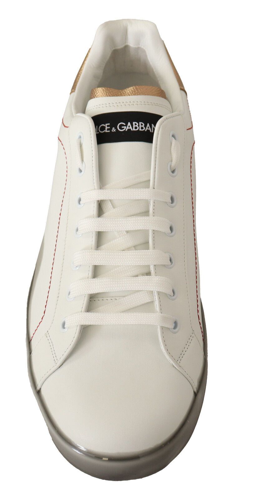 Sneakers basses en cuir blanc et or de Dolce & Gabbana, chaussures décontractées.