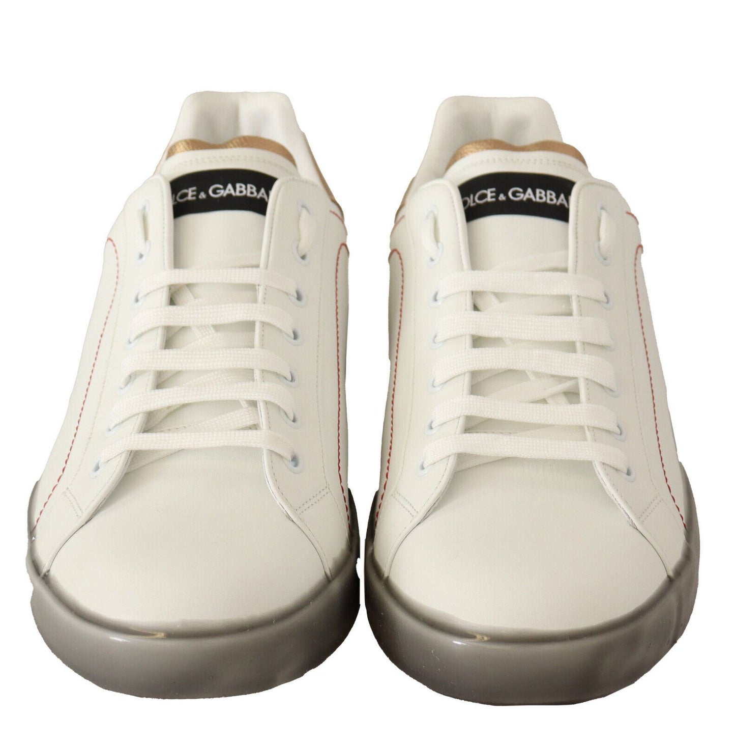 Sneakers basses en cuir blanc et or de Dolce & Gabbana, chaussures décontractées.