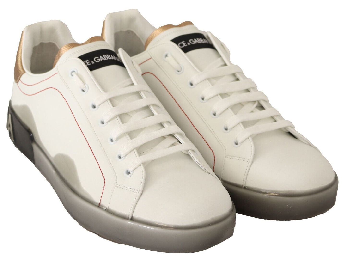 Sneakers basses en cuir blanc et or de Dolce & Gabbana, chaussures décontractées.