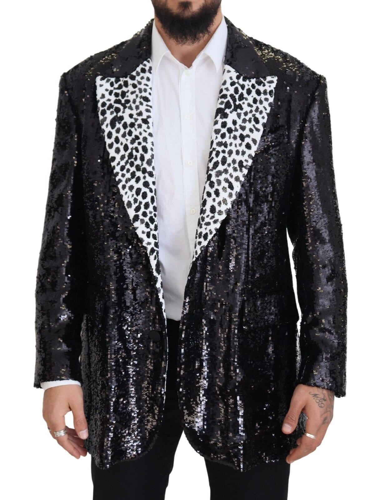 Blazer en nylon noir à paillettes et motif vache de Dolce & Gabbana