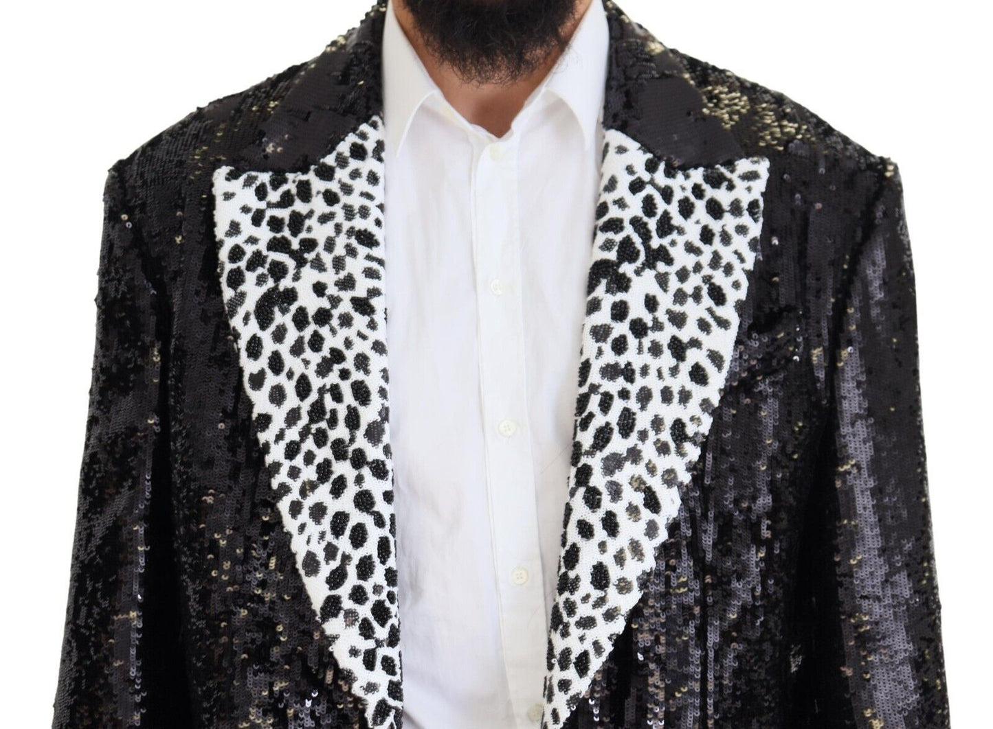 Blazer en nylon noir à paillettes et motif vache de Dolce & Gabbana