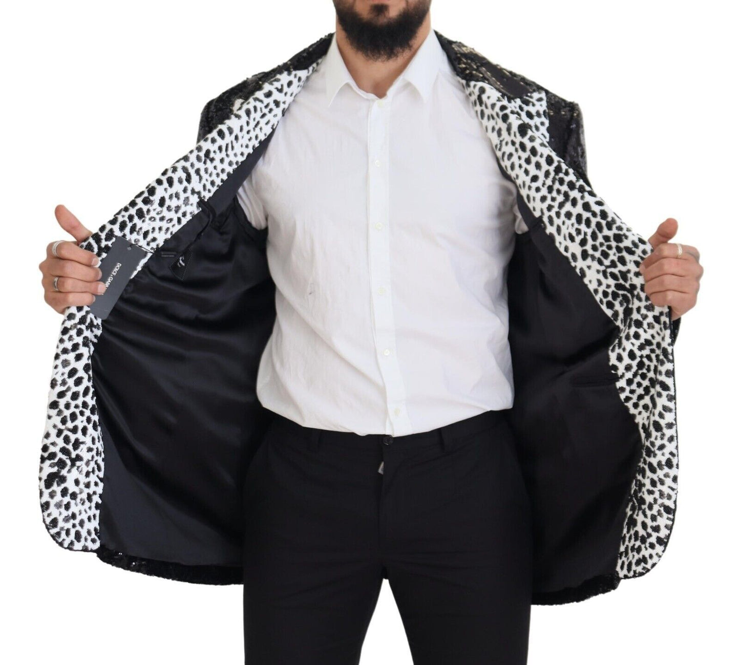 Blazer en nylon noir à paillettes et motif vache de Dolce & Gabbana