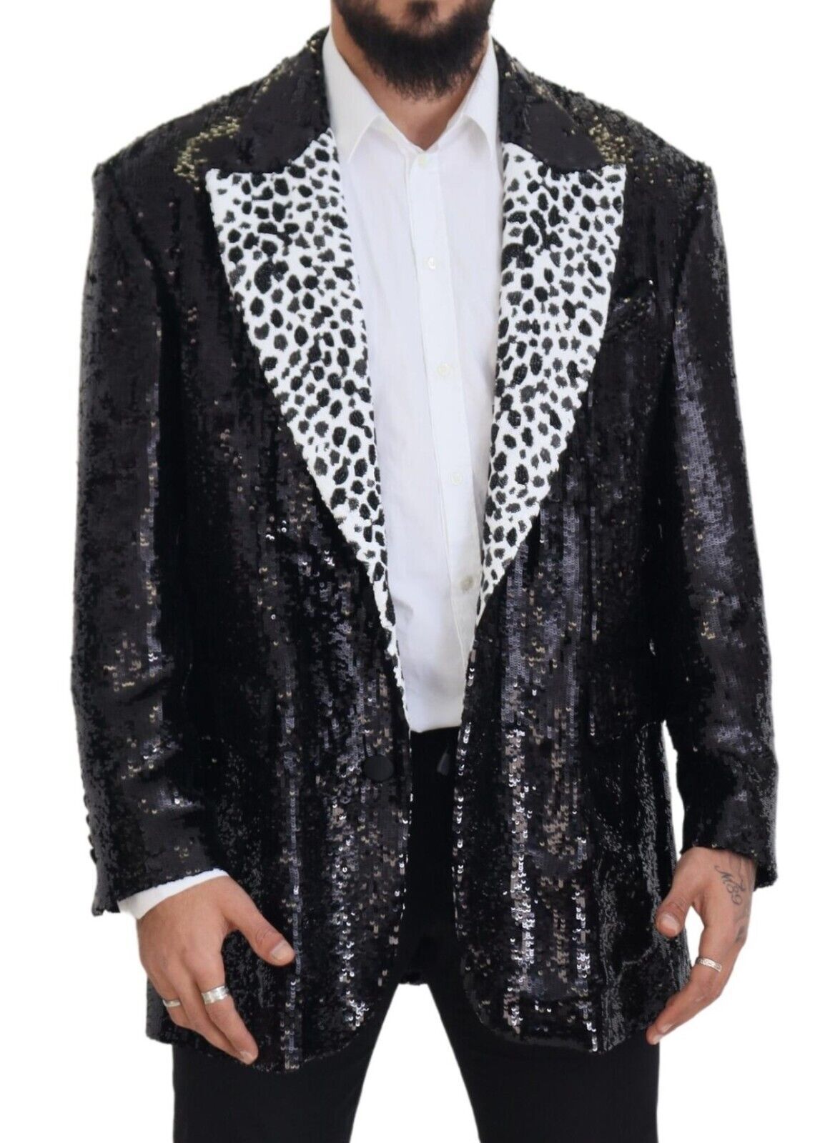 Blazer en nylon noir à paillettes et motif vache de Dolce & Gabbana