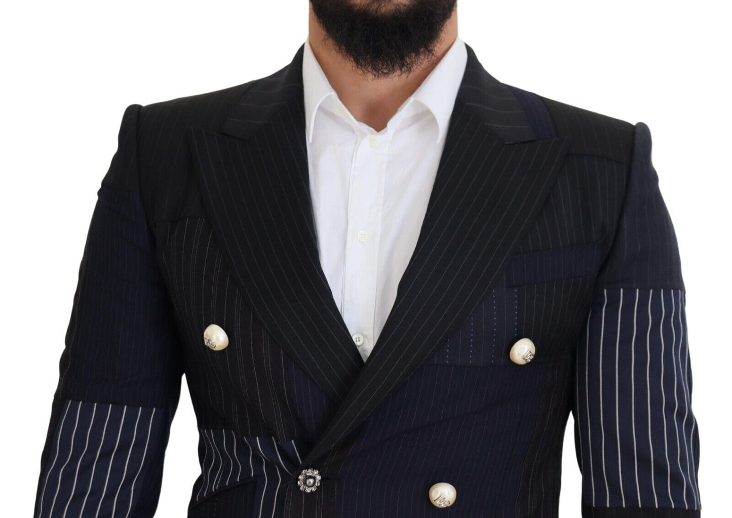 Dolce & Gabbana Blazer bleu en laine avec empiècements et boutonnage double.