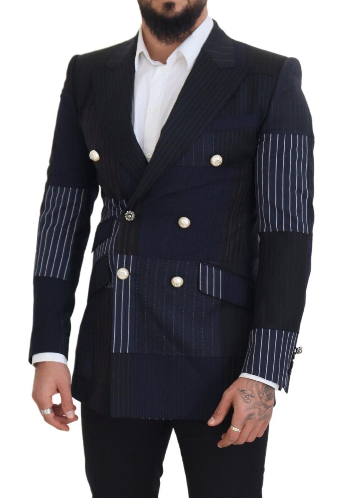 Dolce & Gabbana Blazer bleu en laine avec empiècements et boutonnage double.