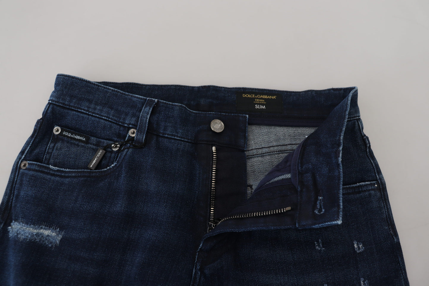 Dolce & Gabbana blauwe, smalle, versleten spijkerbroek van katoen