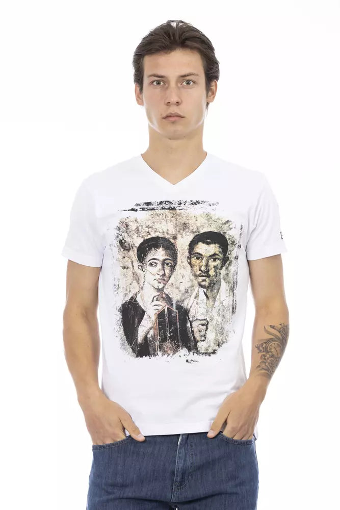 T-shirt élégant à col en V de la marque Trussardi Action, avec imprimé chic sur le devant.