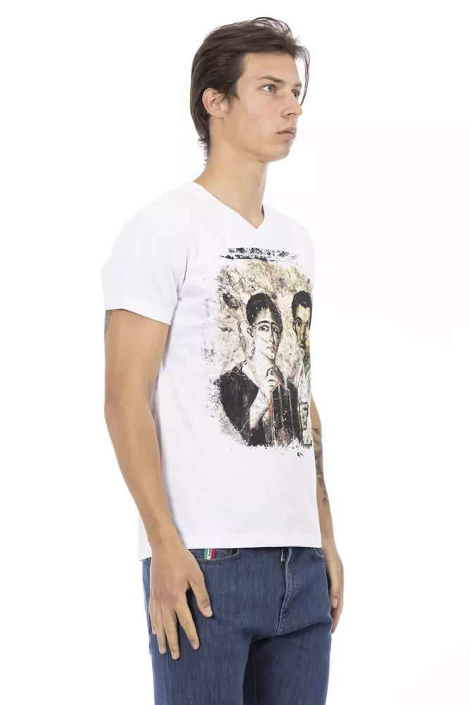 T-shirt élégant à col en V de la marque Trussardi Action, avec imprimé chic sur le devant.