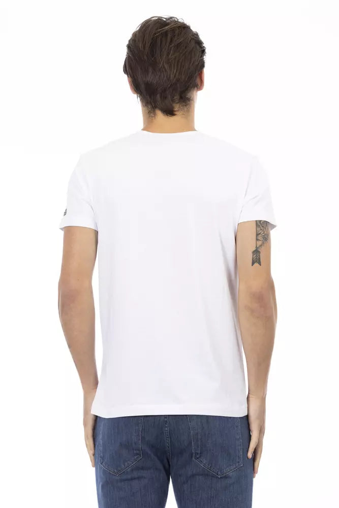 T-shirt élégant à col en V de la marque Trussardi Action, avec imprimé chic sur le devant.
