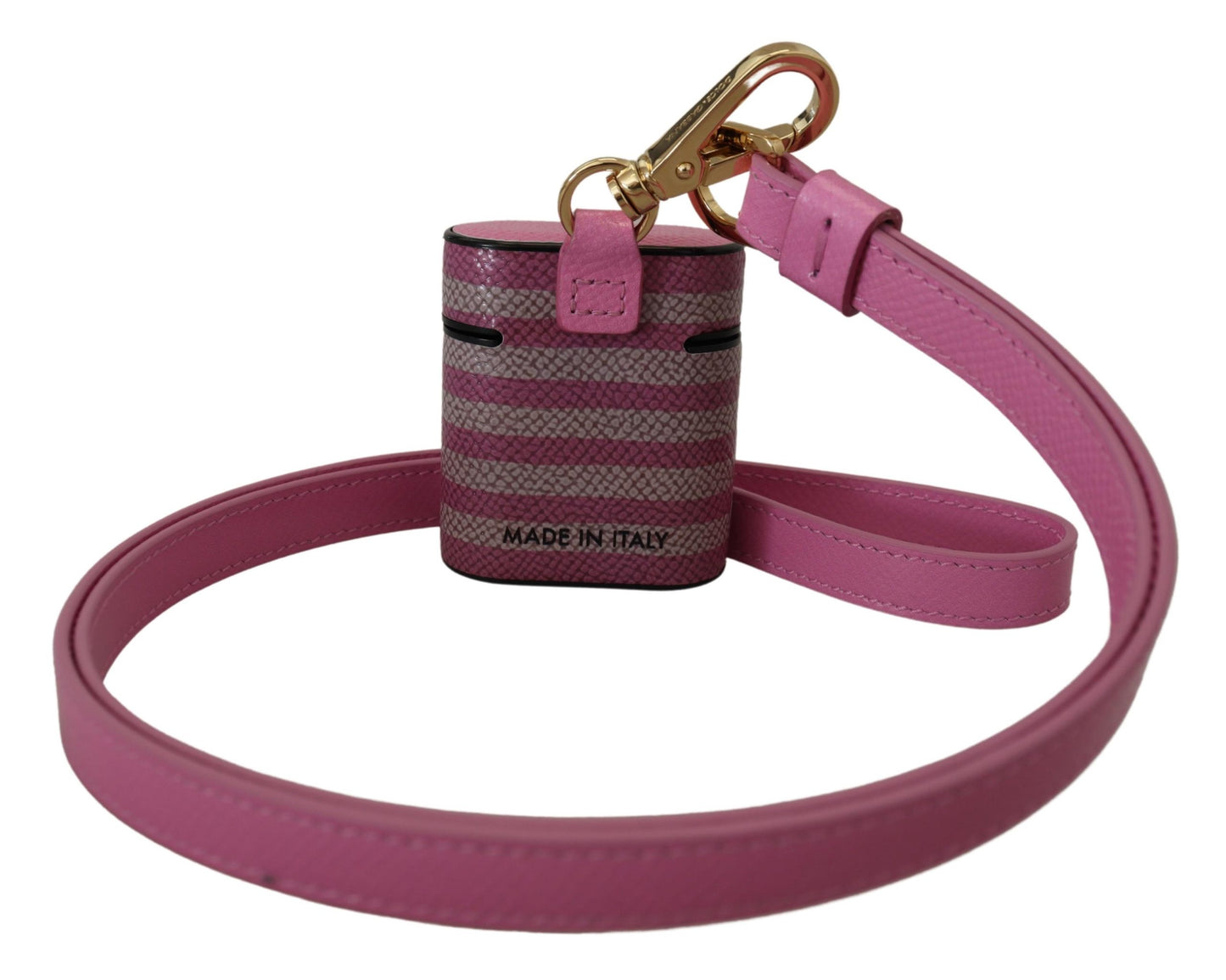 Étui pour Airpods Dolce & Gabbana avec bracelet en cuir rose et noir et logo en métal doré