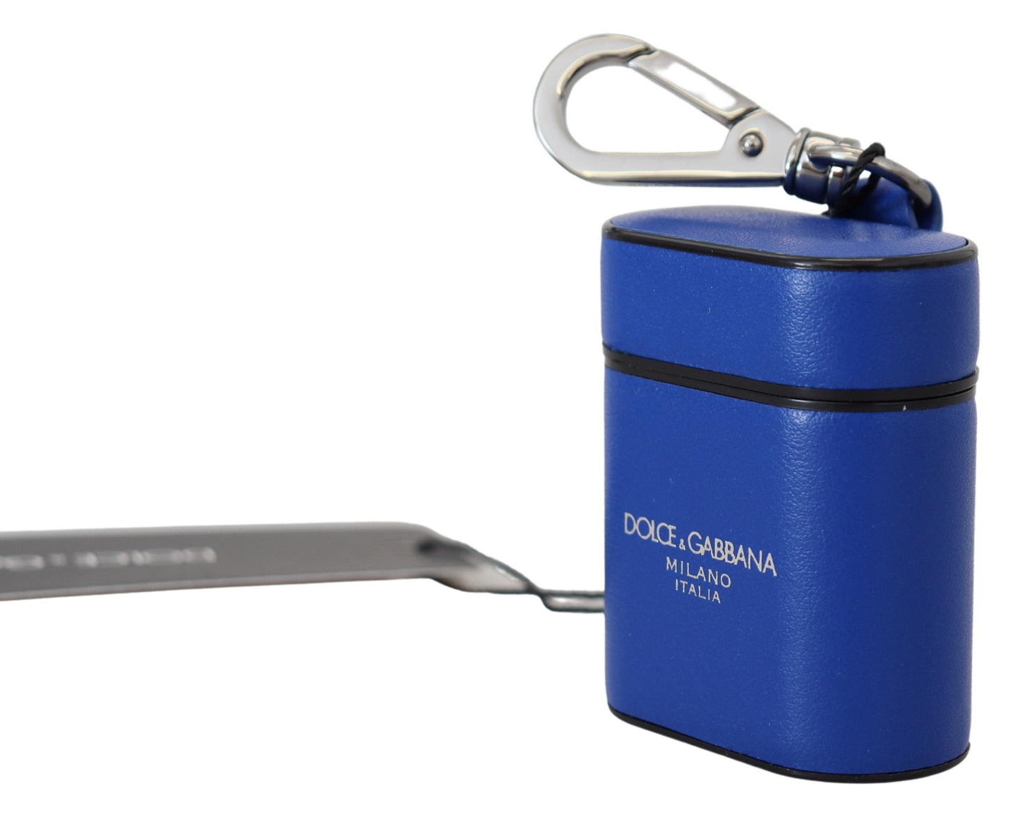 Étui pour Airpods Dolce & Gabbana en cuir bleu avec logo en métal argenté