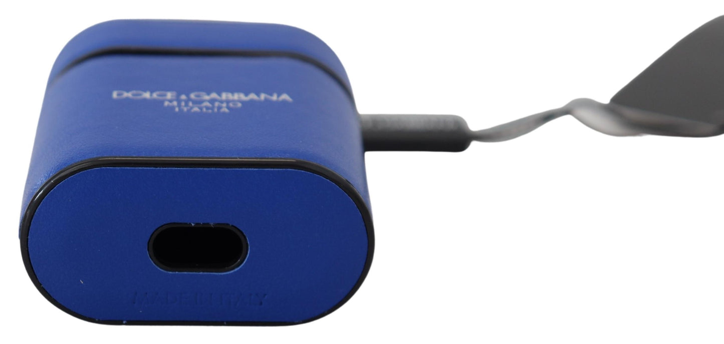 Étui pour Airpods Dolce & Gabbana en cuir bleu avec logo en métal argenté