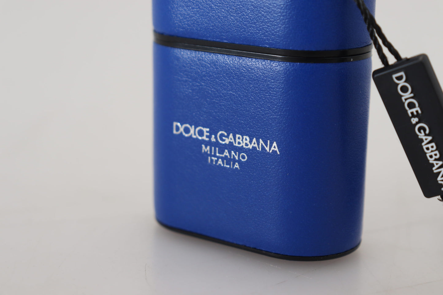 Étui pour Airpods Dolce & Gabbana en cuir bleu avec logo en métal argenté