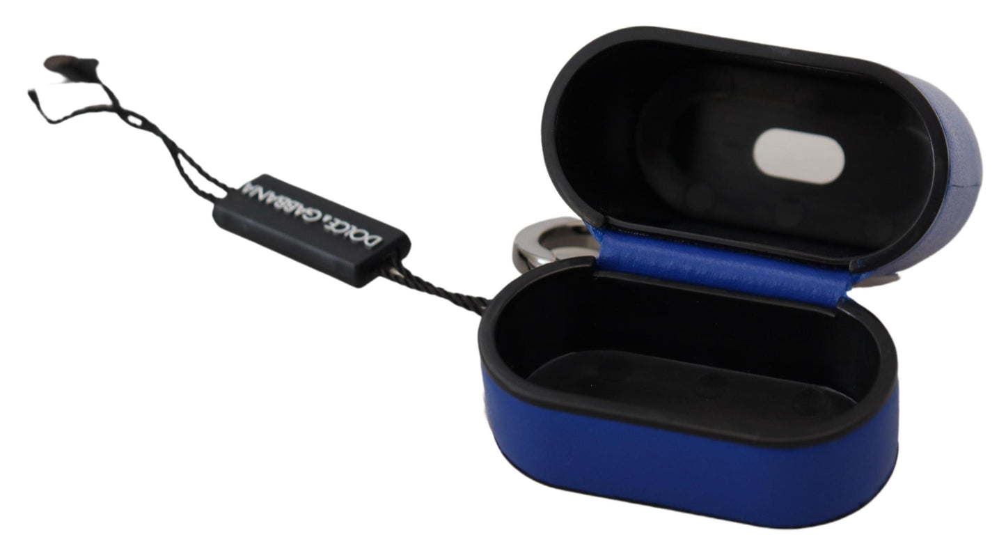 Étui pour Airpods Dolce & Gabbana en cuir bleu avec logo en métal argenté