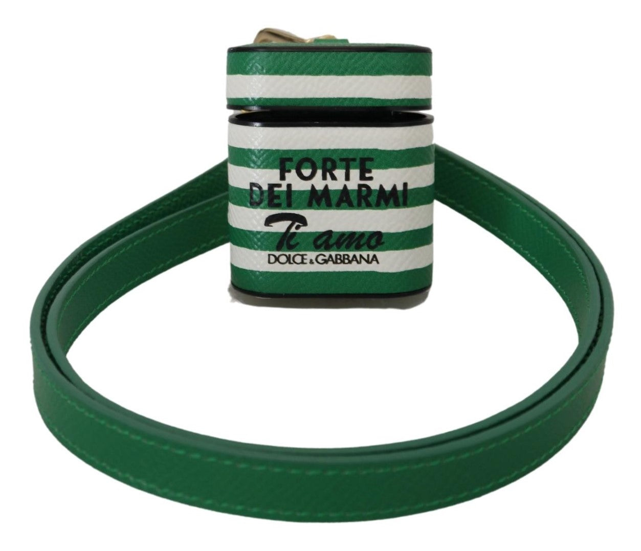 Étui pour Airpods Dolce & Gabbana avec bracelet en cuir vert et logo en métal doré