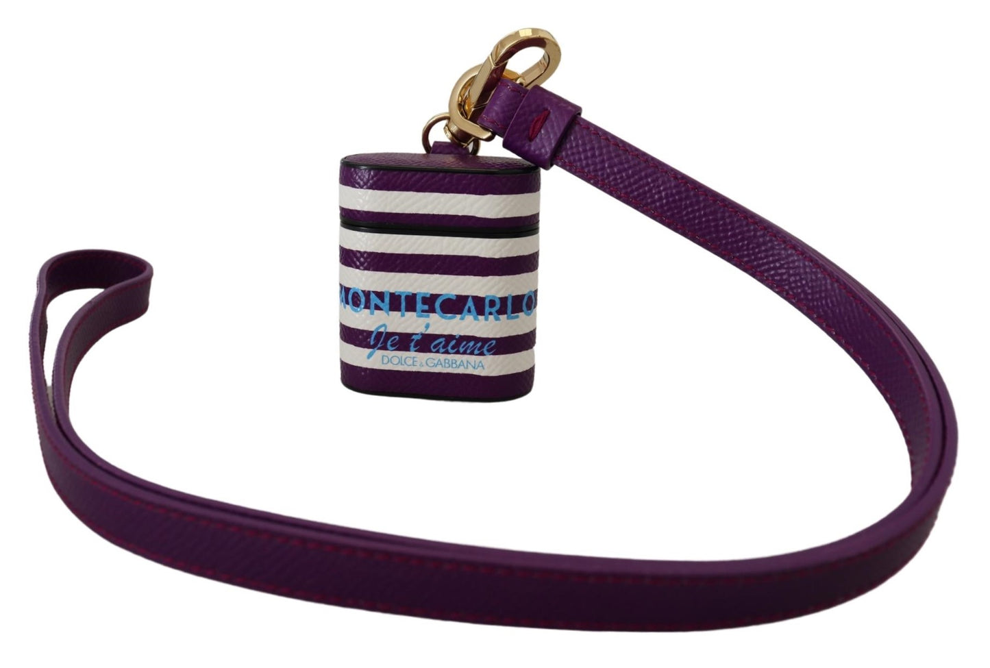 Étui pour Airpods Dolce & Gabbana avec bracelet en cuir violet et logo en métal doré