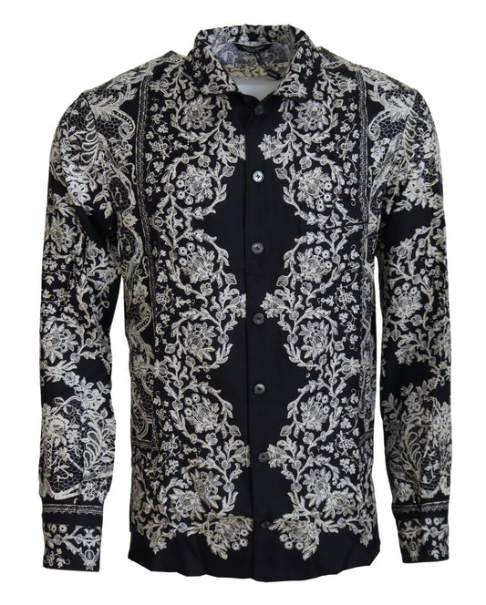 Dolce & Gabbana Blauw Katoenen Overhemd met Bloemenprint en Barokpatroon