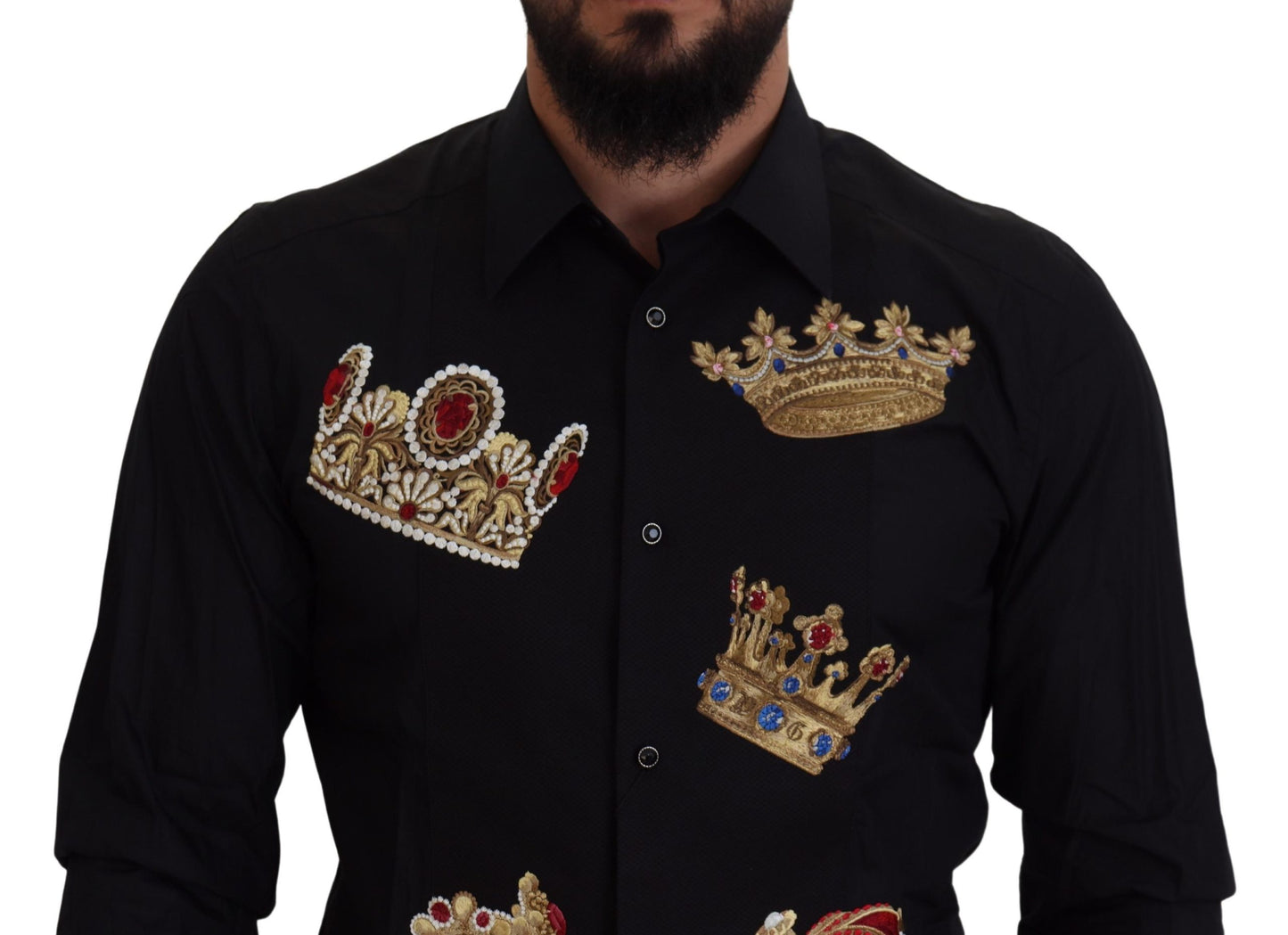 Chemise habillée ajustée Dolce & Gabbana, noire avec couronne dorée.