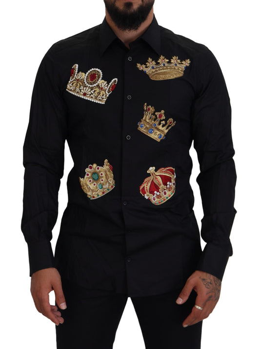 Dolce & Gabbana zwart-gouden, kroon-ontwerp, slim fit, formele overhemd.