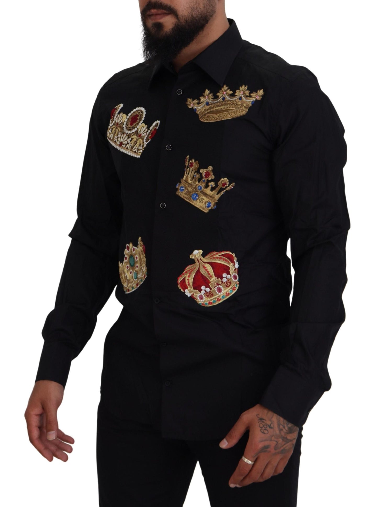 Chemise habillée ajustée Dolce & Gabbana, noire avec couronne dorée.