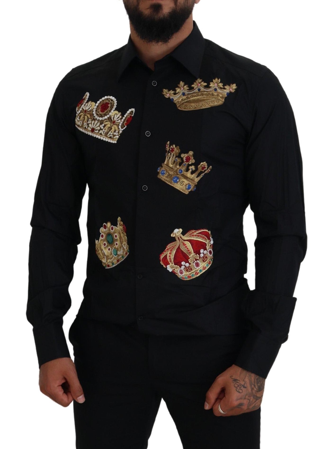 Chemise habillée ajustée Dolce & Gabbana, noire avec couronne dorée.