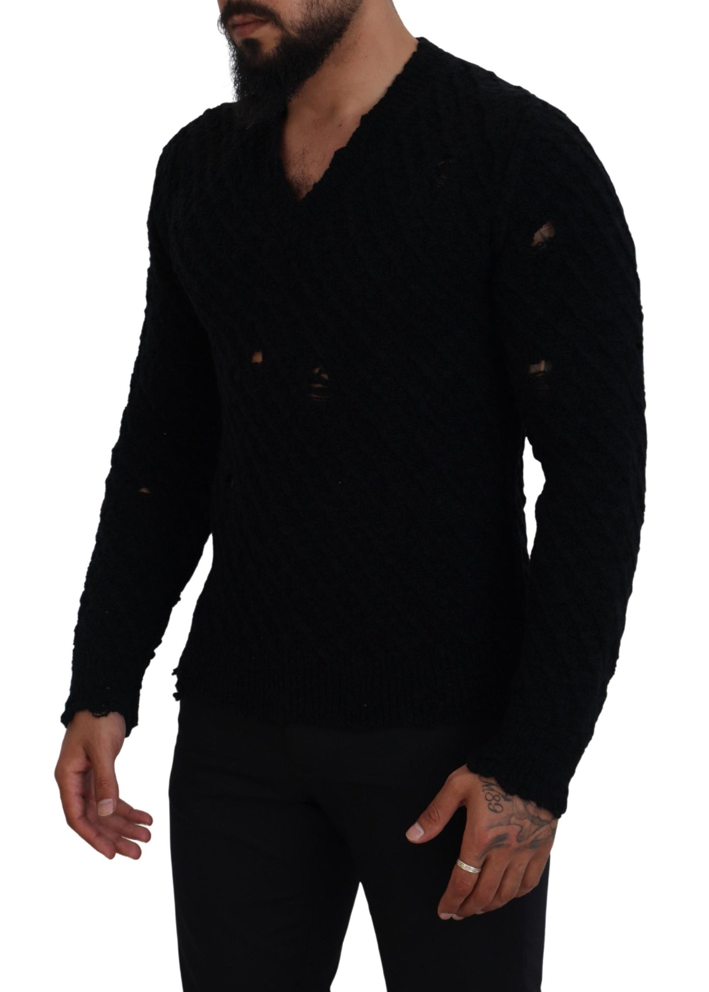 Pull en laine à col en V en tricot noir de Dolce & Gabbana