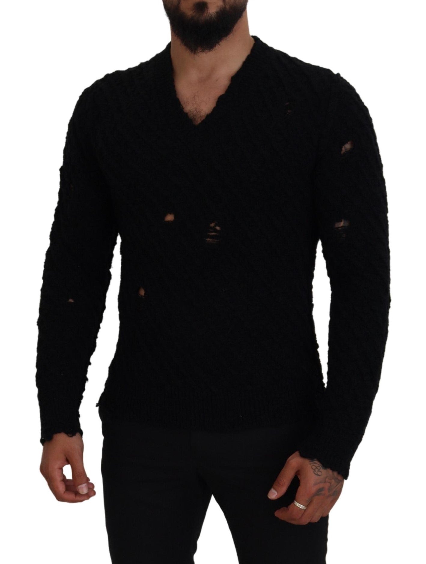 Pull en laine à col en V en tricot noir de Dolce & Gabbana