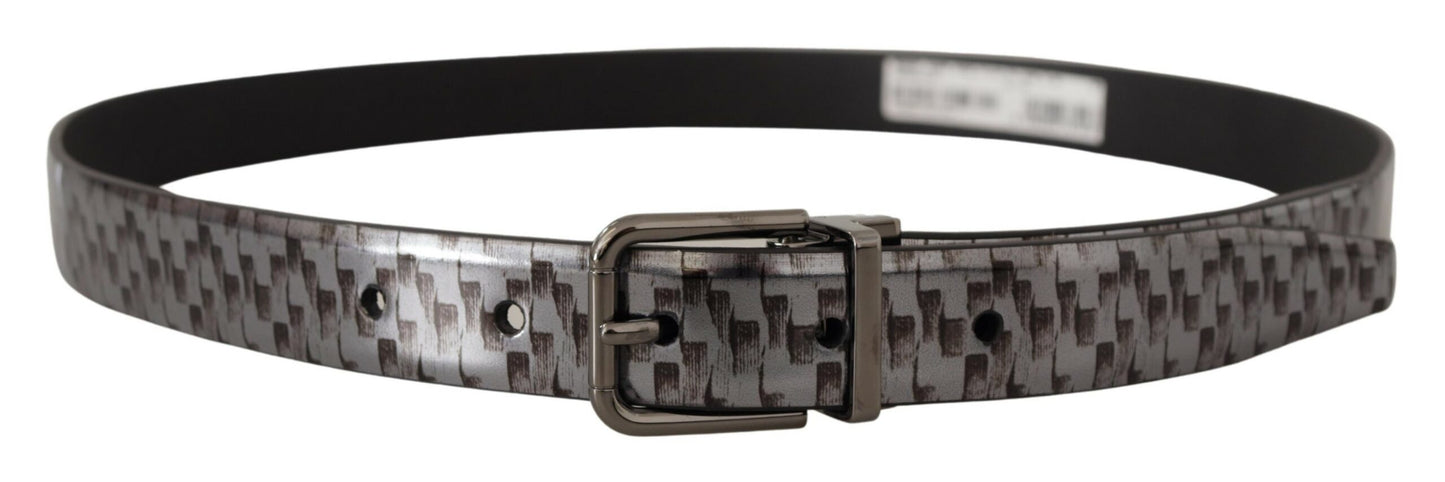 Ceinture Dolce & Gabbana en cuir à chevrons gris avec boucle en métal 3D grise