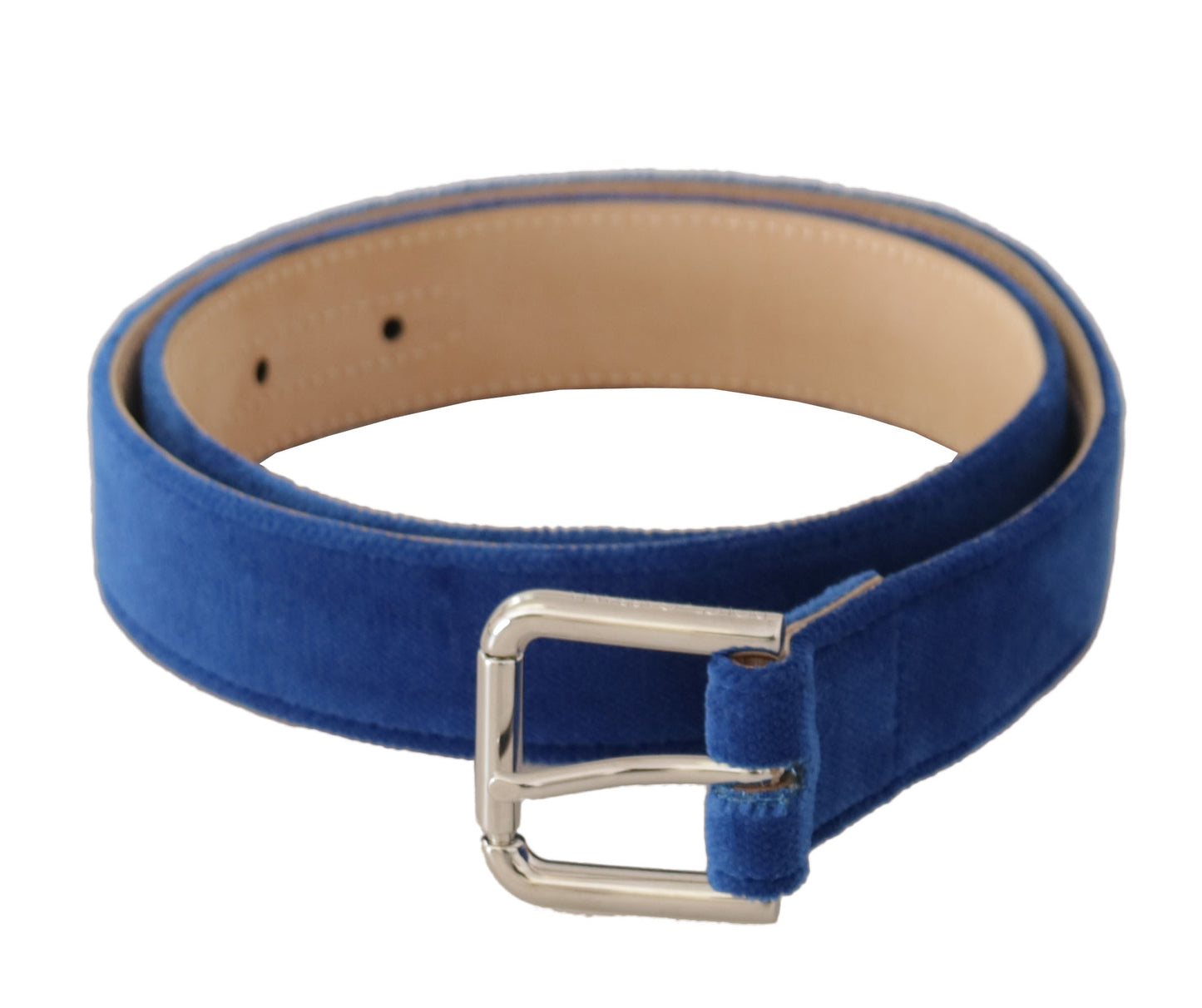 Dolce & Gabbana Blue Velvet Silver Logo Gegraveerde Metalen Gesp Riem