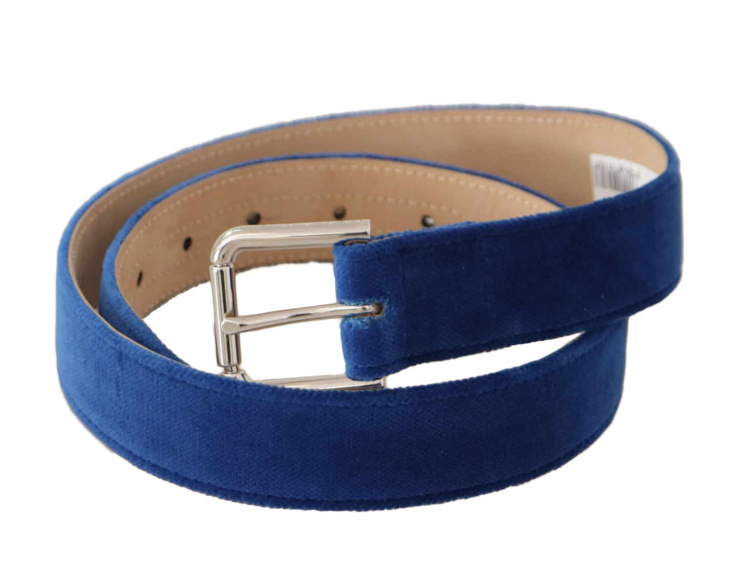 Dolce & Gabbana Blue Velvet Silver Logo Gegraveerde Metalen Gesp Riem