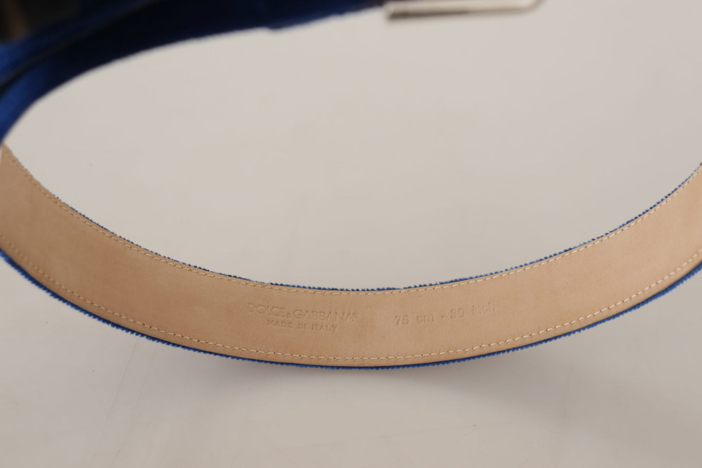 Dolce & Gabbana Blue Velvet Silver Logo Gegraveerde Metalen Gesp Riem