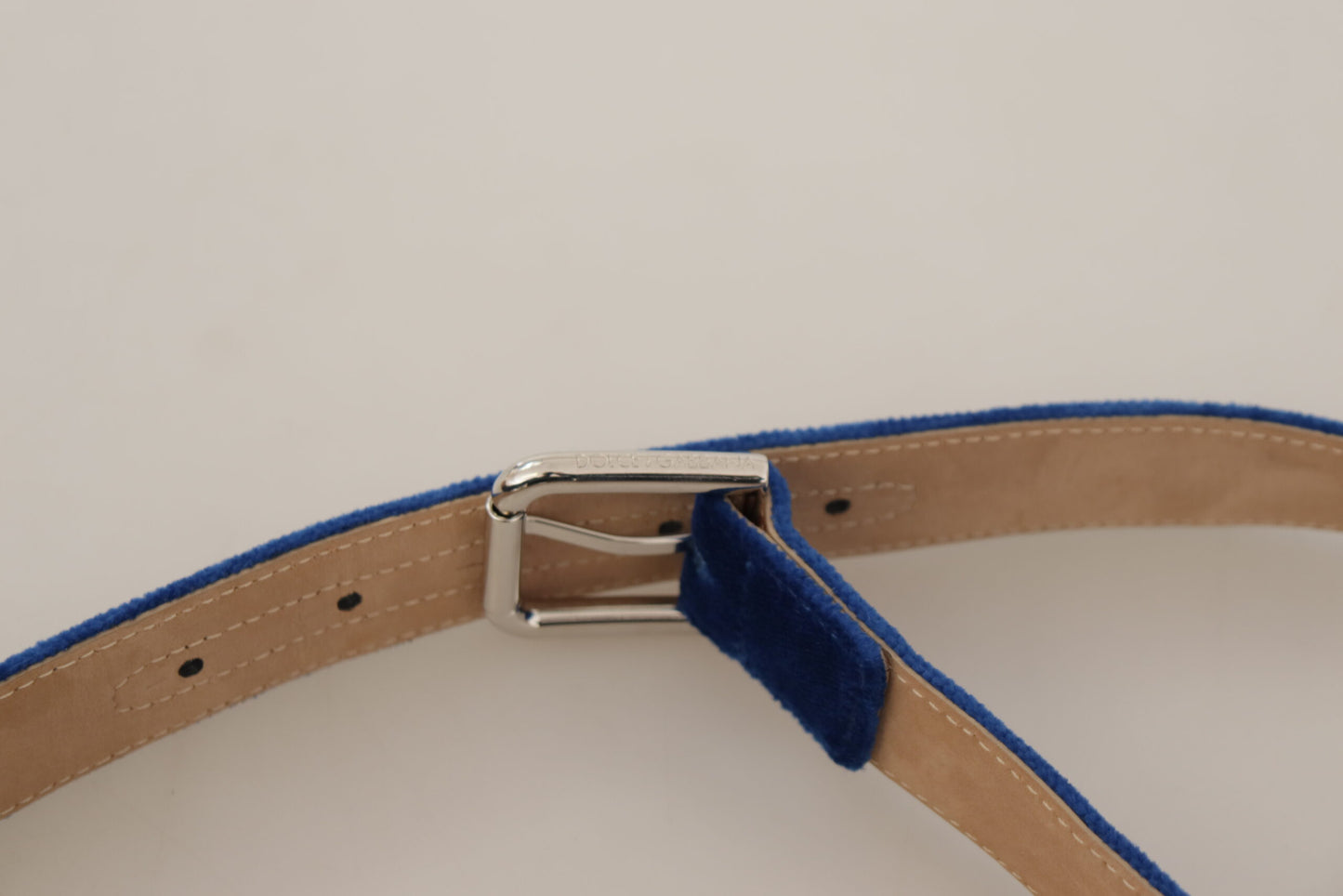 Dolce & Gabbana Blue Velvet Silver Logo Gegraveerde Metalen Gesp Riem