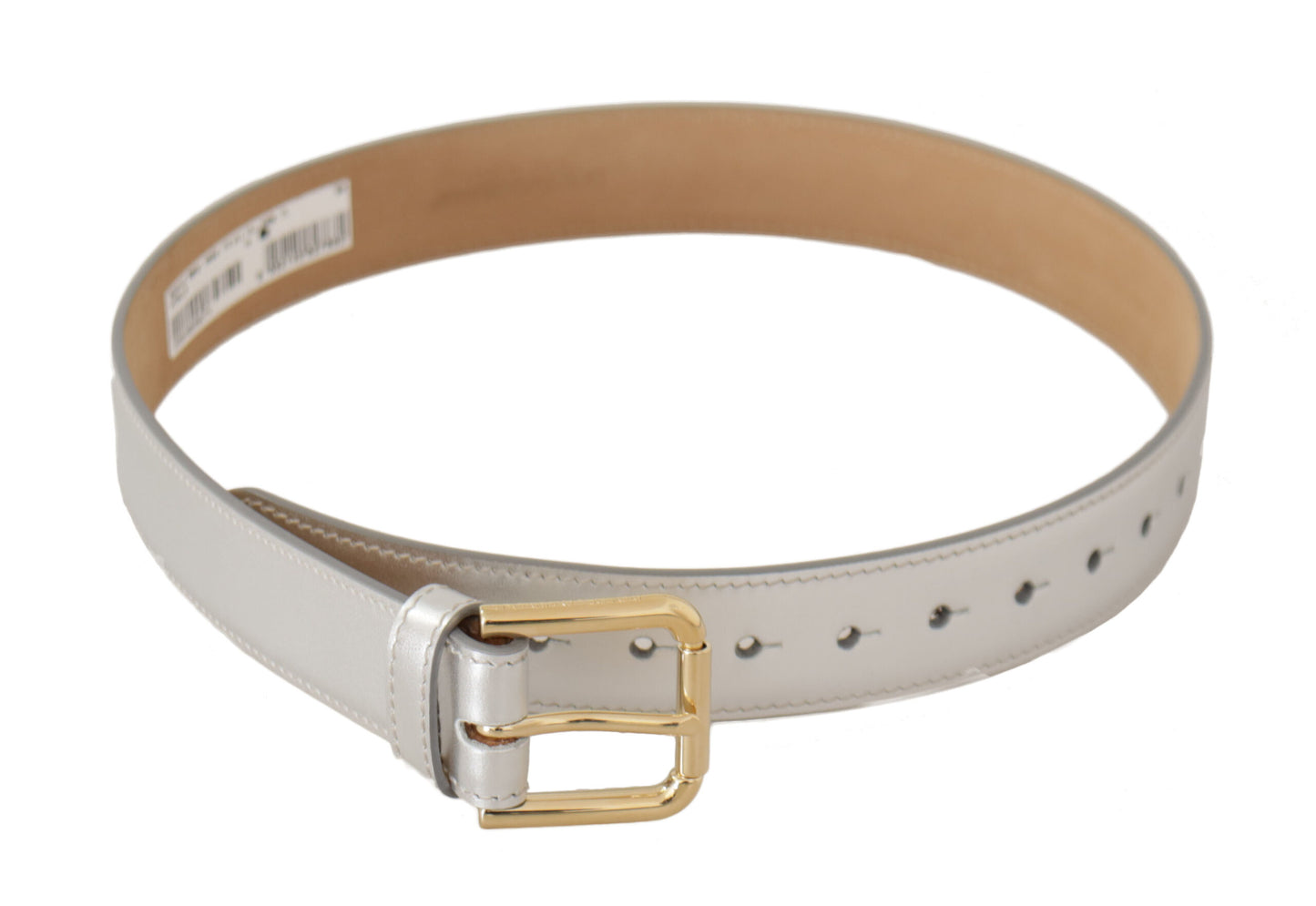 Dolce & Gabbana zilveren leren riem met gouden logo en metalen gesp