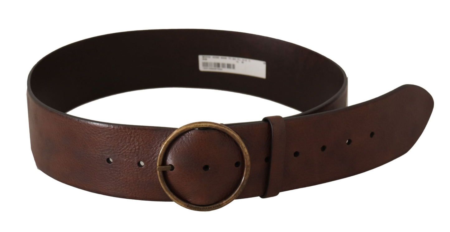 Dolce & Gabbana donkerbruine brede leren riem met metalen ronde gesp