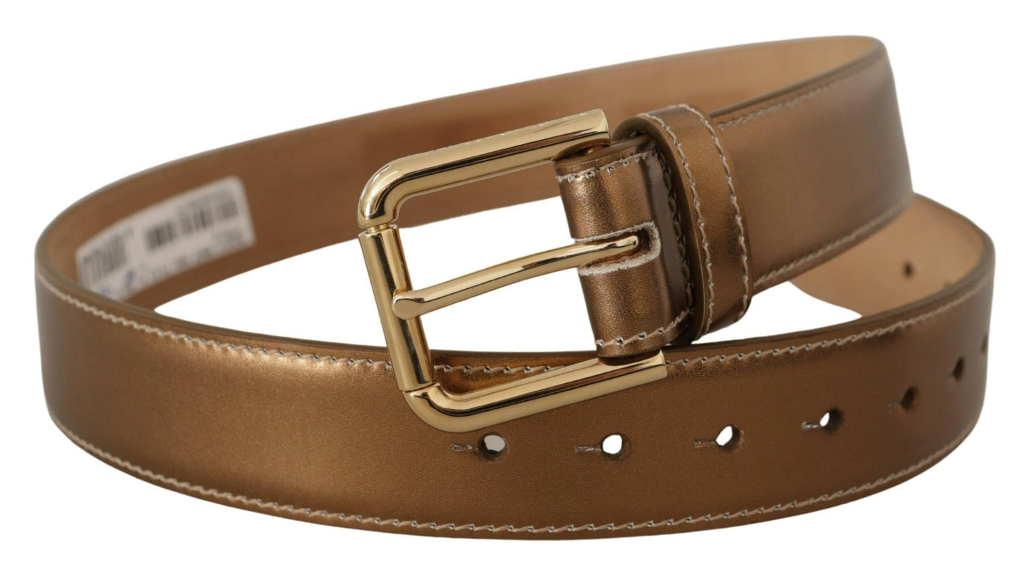 Dolce & Gabbana Bronzen Kalfsleren Riem met Gouden Logo Taillegesp