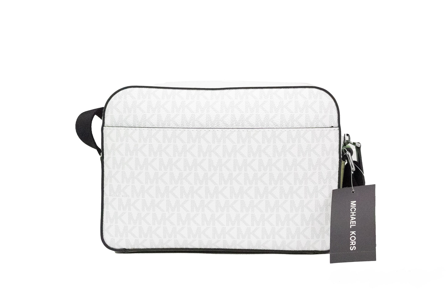 Sac bandoulière utilitaire Michael Kors Cooper, petit modèle, blanc brillant, en PVC, motif palmier signature