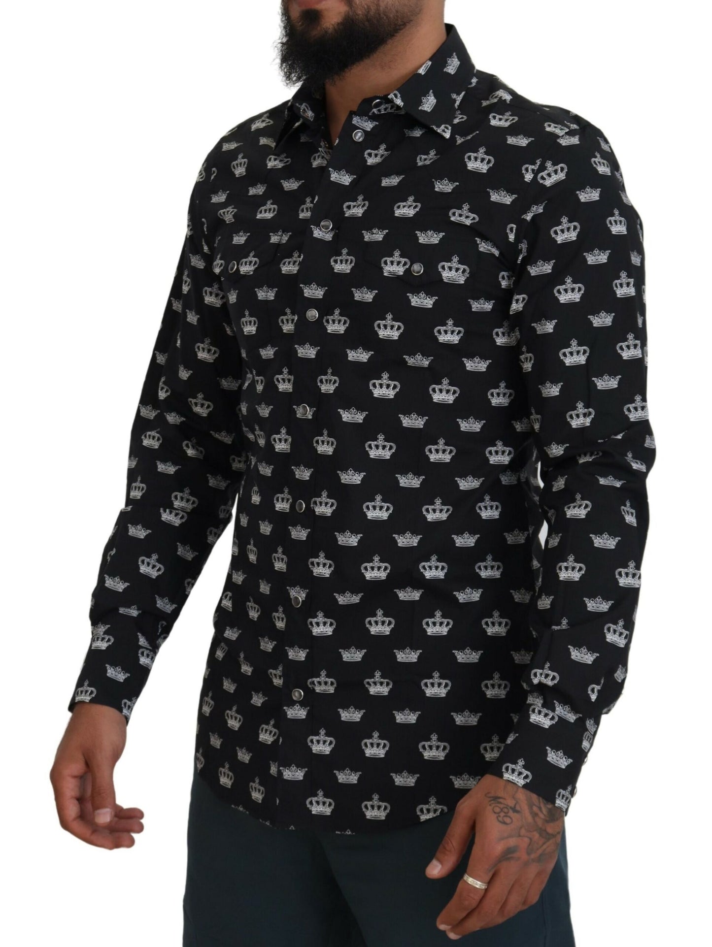 Dolce & Gabbana zwart overhemd met gouden kroonprint, smalle pasvorm.