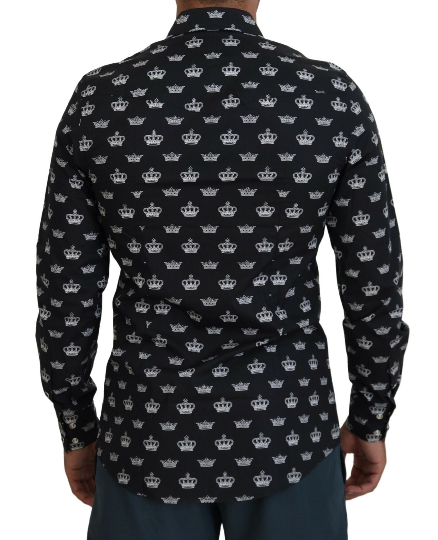 Dolce & Gabbana zwart overhemd met gouden kroonprint, smalle pasvorm.