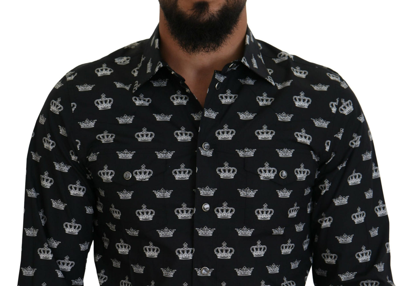 Dolce & Gabbana zwart overhemd met gouden kroonprint, smalle pasvorm.