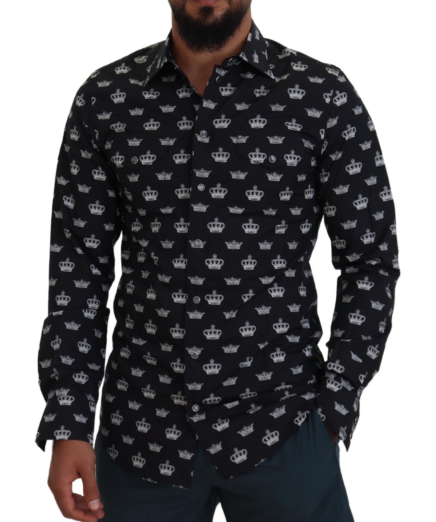 Dolce & Gabbana zwart overhemd met gouden kroonprint, smalle pasvorm.