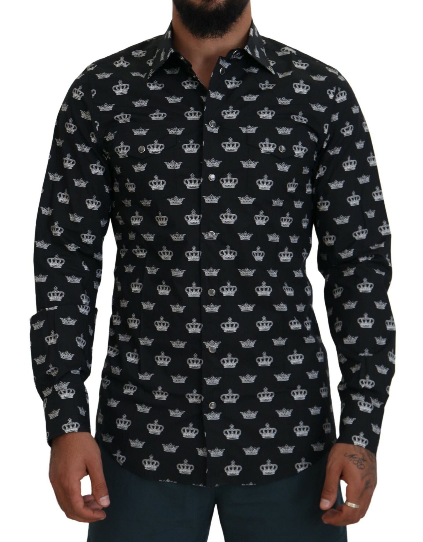 Dolce & Gabbana zwart overhemd met gouden kroonprint, smalle pasvorm.