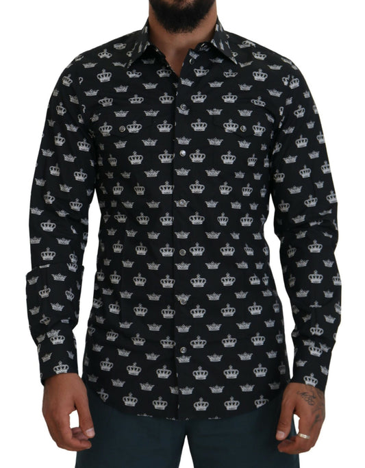 Dolce & Gabbana zwart overhemd met gouden kroonprint, smalle pasvorm.