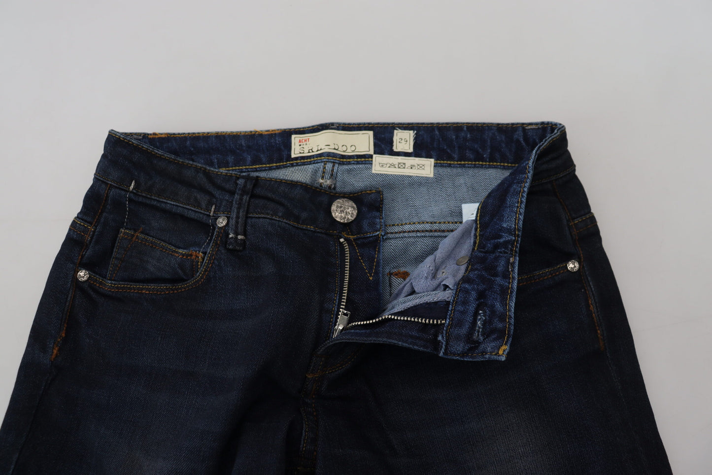 Jeans en jean décontracté pour femme, taille basse, slim, en coton bleu, Acht.