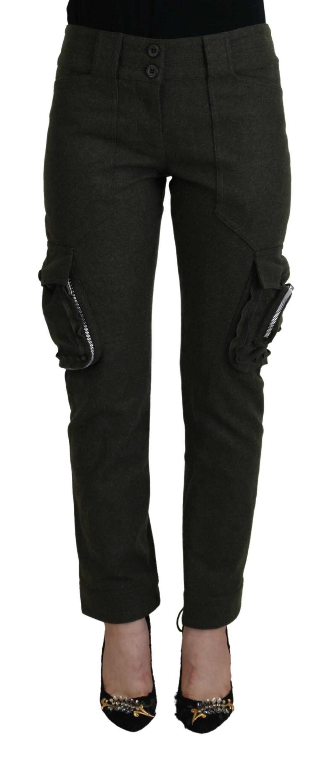Ermanno Scervino groene, taps toelopende broek voor dames met vetersluiting aan de binnenkant van het been.
