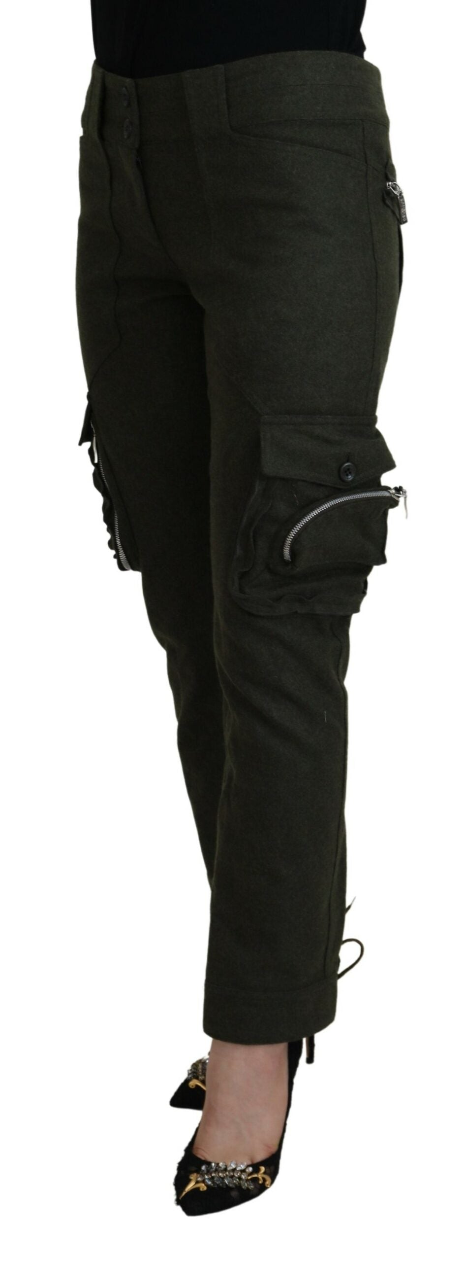Ermanno Scervino groene, taps toelopende broek voor dames met vetersluiting aan de binnenkant van het been.
