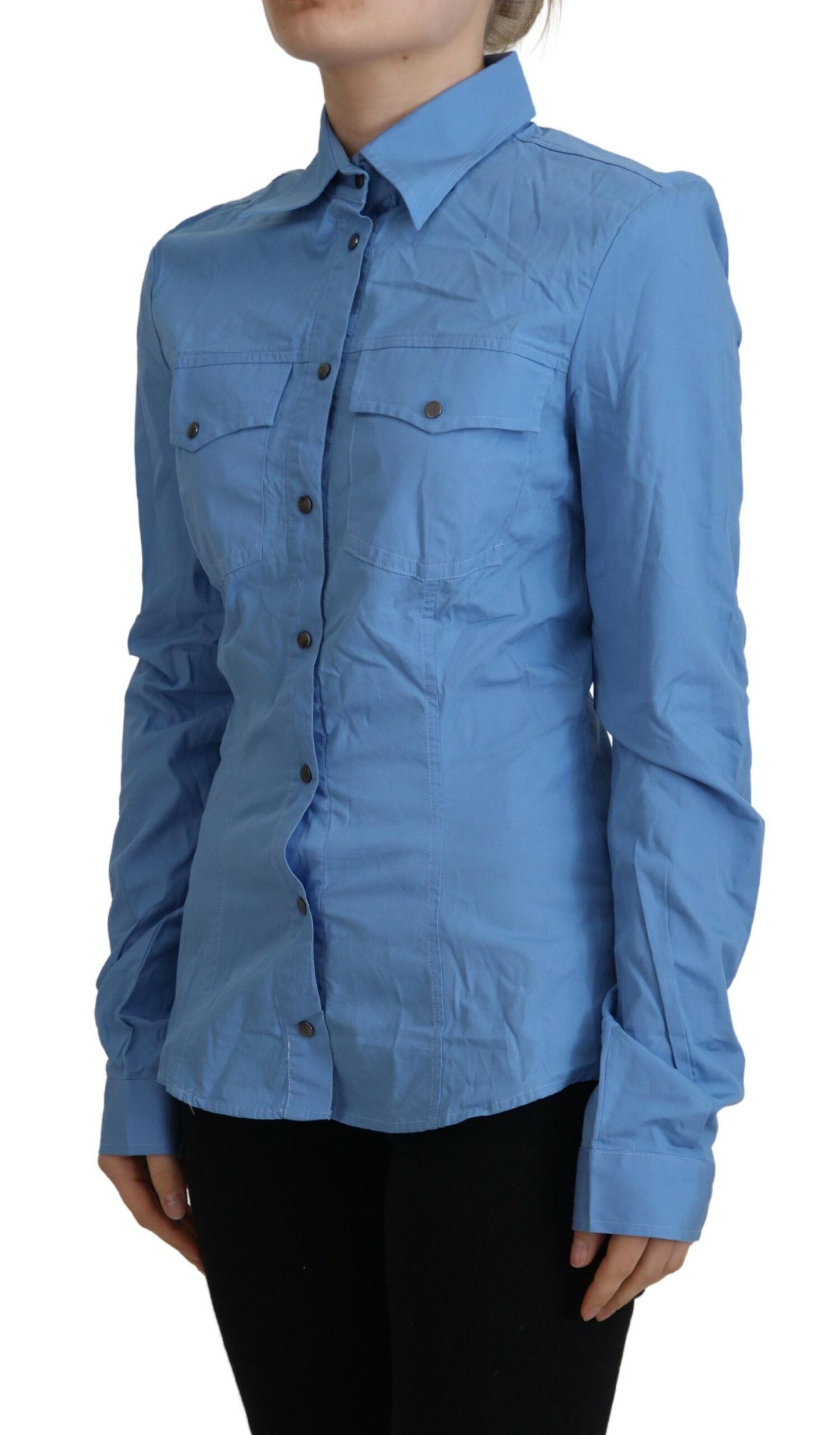 Haut à manches longues en coton bleu Ferre, col boutonné.