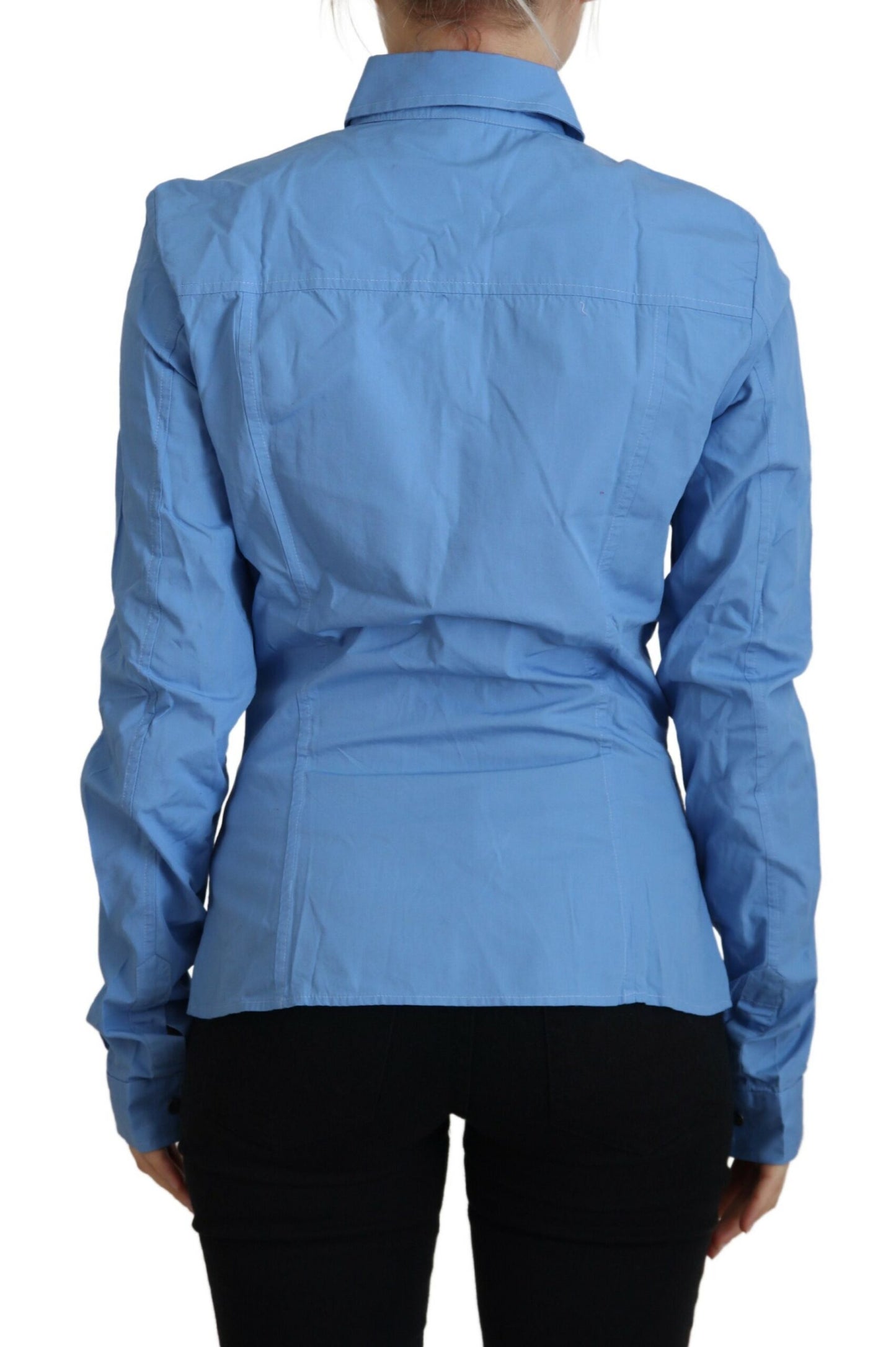 Haut à manches longues en coton bleu Ferre, col boutonné.