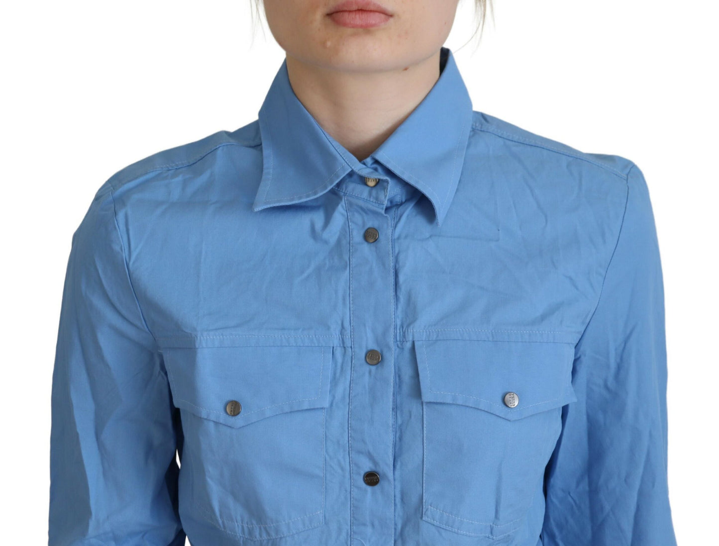 Haut à manches longues en coton bleu Ferre, col boutonné.