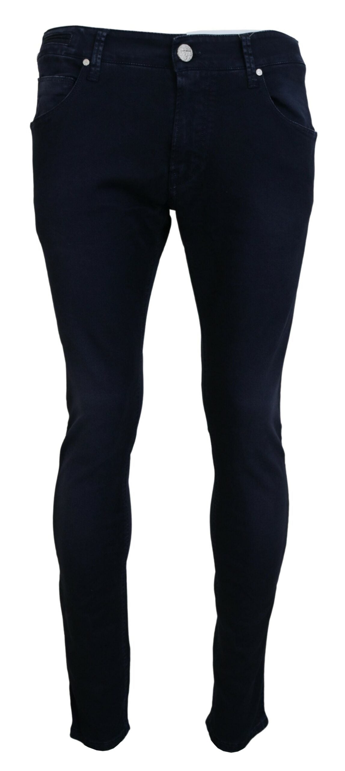 Jeans en coton bleu pour homme, coupe fuselée et ajustée, style décontracté.
