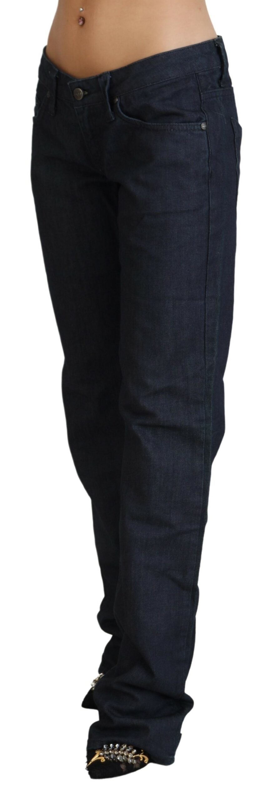 Exte donkerblauwe, lage taille, rechte damesdenimjeans